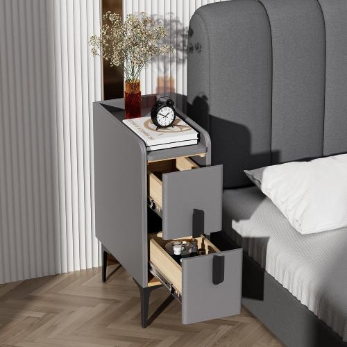 Size 15.7 D x 7.8 W x 22.4 H Color light grey VICITON Narrow Nightstand with 2 Drawers, Narrow Side Table Leather Surface, Slim Bedside Table for Bedrooms, Dormitories, Living Rooms (Light Gray, 15.7 D x 7.8 W x 22.4 H)