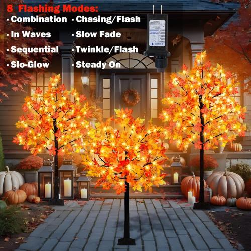 3 Pack Lighted Maple Tree, 4FT 5FT 6FT Artificial Fall Tree With 216 Lights and Timer for Autumn Home, Living Room, Patio, Porch, Garden, Wedding Indoor Outdoor Decor
