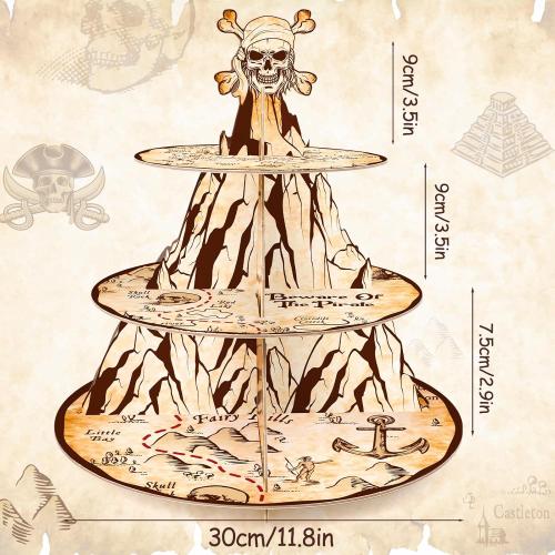 Pirate Cupcake Stand 3-Tier Treasure Map Cupcake Tower for Pirate Birthday Party Supplies and Decorations