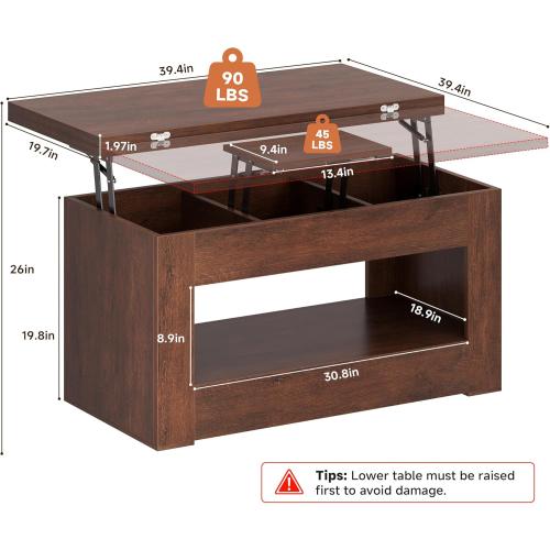 40 Lift Top Coffee Table, 4 in 1 Multi-Function Lift Coffee Table with Storage and Hidden Compartment, Convertible Coffee Tables to Dining Table for Living Room, Walnut