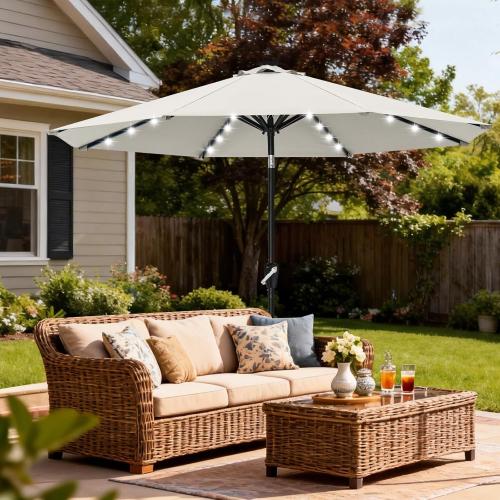 ABCCANOPY Durable Solar Led Patio Umbrellas with 32LED Lights 9FT (Light Beige) | Fade & UV Resistant Fabric,8 Heavy-Duty Ribs,Waterproof，Wind Vent Top,Crank & 45° Tilt,Ideal for Patio,Backyard,Garden