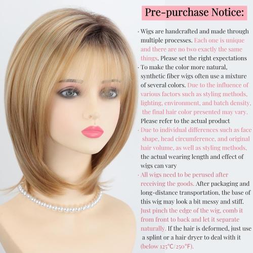 RENERSHOW Medium Length Bob Wigs for White Women Layered Blonde Highlight Straight Pixie Bob Wig with Bangs Heat Synthetic Natural Daily Party Wig 12inch Average Size Wig
