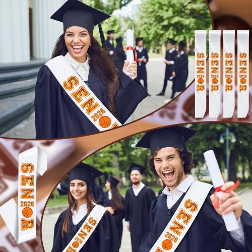 Hotop 6 Pcs Senior 2026 Satin Sashes White Sashes with Sport Themed Letters 2026 Graduation Sash Senior Cheer Sash Cheerleader Celebration Class Competition Party Decoration Supply (Basketball)