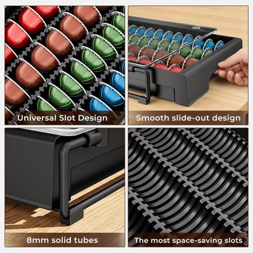 EVERIE Nespresso Vertuo Pod Holder Drawer, Coffee Pod Organizer with Universal Slots, Holds 40 Large or 52 Small Capsules, Tempered Glass Top Storage Drawer for Coffee Makers, 12 x 16.5 x 3.5