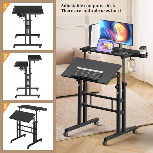 Small Standing Desk with Wheels, Mobile Stand Up Desk, Portable Standing Table on Wheels for Walking Pad, Rolling Computer Desk Adjustable Height, Tall Table