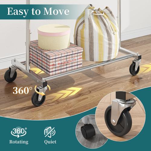 Simple Trending Clothing Garment Rack, Extendable Clothes Organizer, Chrome | Clothes Rack with Bottom Storage Shelf, 360° Wheels, Waterproof and Rust-resistant, Multiple Uses, Bedroom, Laundry Room