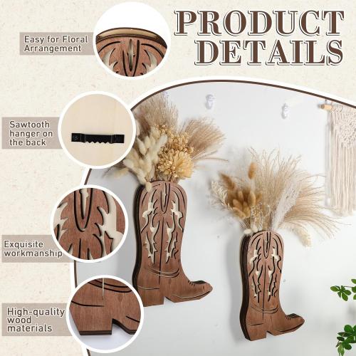 Havawish 2 Pcs Western Wall Decor Wood Cowboy Boots Wall Planter for Indoor Plants 12 x 8'' Western Boot Flower Hanging Vase for Flower Faux Rustic Home Decor for Bathroom Bedroom(Retro Style)