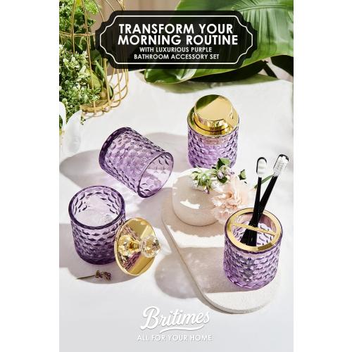 Purple Bathroom Accessories, 4Pcs Purple Bathroom Accessory Set Complete, Toothbrush Holder Set, Soap Dispenser, Qtip Holder, Tumbler, Perfect for Bathroom Decor and Vanity