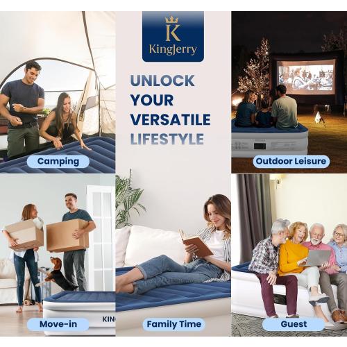 KINGJERRY Queen Air Mattress with Built in Pump, Blow Up Mattress Queen 18 Raised Comfort, Upgrade Surface Inflatable Mattress, Leakproof Air Bed for Home Guests&Camping, 800 lbs Max, 3-Min Inflation