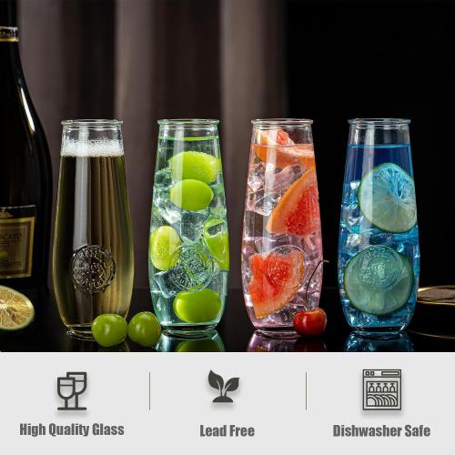Stemless Champagne Flutes Set of 24, 10 oz Champagne Glasses, Toasting Glasses, Prosecco Mimosa Glasses, Made Of Recycled Glass, Embossed Stemless Champagne Flutes for Wedding, Party, Easter