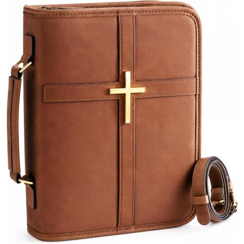 PU Leather Bible Cover, Men & Women, Cross Design & Pockets, Brown
