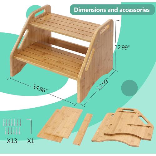 AMBIRD Wooden Step Stool, Two Step Stools Toddler 300 lbs Capacity with Safety Non-Slip Pads and Handles, Bamboo Step Stool for Bathroom, Kitchen Dual Height Step Stools for Kids (Natural)