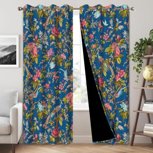 Floral Blackout Curtains for Bedroom 84 Inches Long - Red Flower and Birds Painting, Grommet Thermal Room Darkening Window Drapes for Vintage and Cottage Living Room