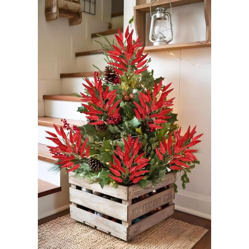 DILATATA 33.5 Red Leaves for Christmas Tree, Glitter Christmas Leaf Stems, Non-Shedding Shiny Sequin Fabric Christmas Picks for Wreath, Centerpiece Decor