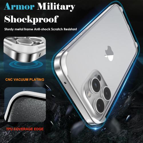 YMHML Bumper Case for iPhone 15 Pro Titanium, Aluminum Alloy   TPU Bumper Frame with Screen Protector Tempered Glass, Metal Slim Fit No Back Design 4 Corner Raised Protection Accessories, Silver