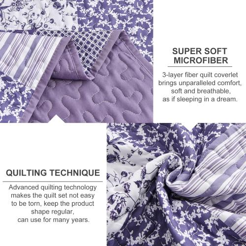 Mybedsoul Purple Quilt Set King Size Quilt Bedding Set Brown Plaid,3 Pieces Floral Patchwork Reversible Bedspread Coverlet Set for All Season,Soft Microfiber Bedding Set King 90x104