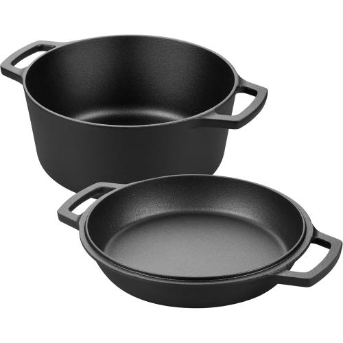 Pre-seasoned Cast Iron Double Dutch Oven Pot with Skillet Lid, Dual-handle, for Bread Baking, Outdoor, Campfire Cooking, 5 Quart