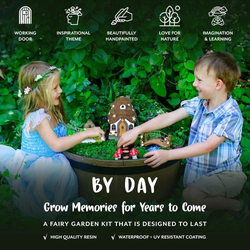 WILD PIXY Fairy Garden Kit - 13 Piece Glow in The Dark Fairy Garden Accessories, 7.1 Outdoor Fairy House with Opening Door and Solar LED Light, Garden Door for Trees, Stones, Indoor/Outdoor Décor