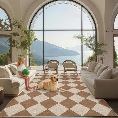 GarveeHome Checkered Easy Jute Area Rug 8x10 Machine Washable Non-Slip Stain Resistant Indoor Outdoor Rugs for Living Room, Bedroom, Kitchen, Dining, Patio Farmhouse Style Brown