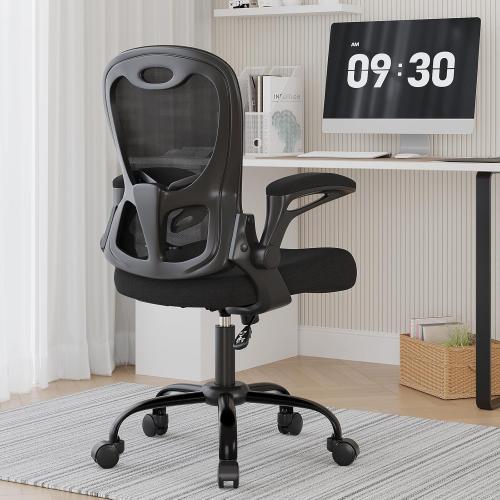 Black Office Chair, Ergonomic Desk Chair Breathable Mesh Chair with Adjustable High Back Lumbar Support Flip-up Armrests, Long Hours Comfortable Computer Chair for Home Office, Black