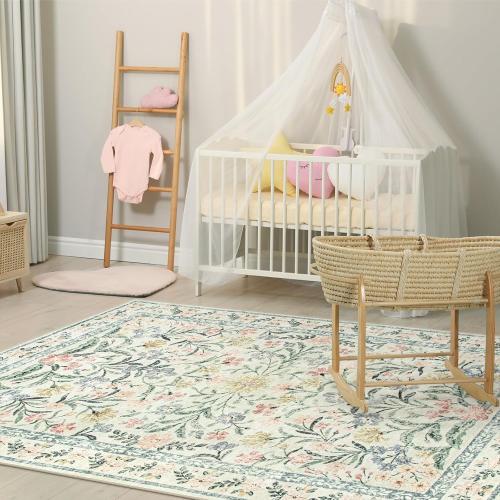 Morebes Floral Machine Washable Area Rugs 10x14 Vintage Boho Nursery Rug Girl Non-Slip, Flower Indoor Floor Throw Carpet for Living Room Bedroom Kitchen Playroom Home, White/Multi