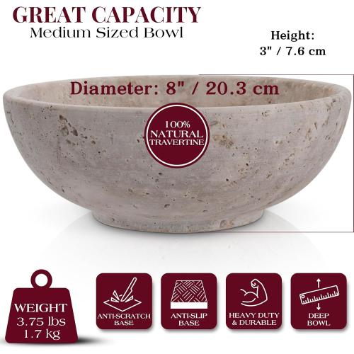 Gusto Nostro 8 Decorative Travertine Bowl for Coffee Table - Elegant Centerpiece, Aesthetic Fruit Bowl for Kitchen Counter - Heavy Stone Entryway Catch all, Jewelry, Potpourri - Travertine Decor
