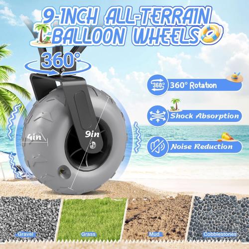 Beach Wagon with Big Wheels for Sand Heavy Duty Collapsible Wagon with 9 All Terrain Inflatable Tires, Foldable Beach Cart for Camping Outdoor Grocery Shopping Garden Sports