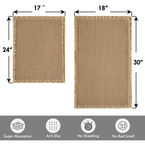 MIULEE Set of 2 Waffle Bathroom Rugs, Boho Bath Rugs Non Slip Washable, Super Absorbent Bath Mats, Ultra Soft Rubber Backed Shower Mats for Bathroom Floor, Tub, Brown, 17x24 18x30