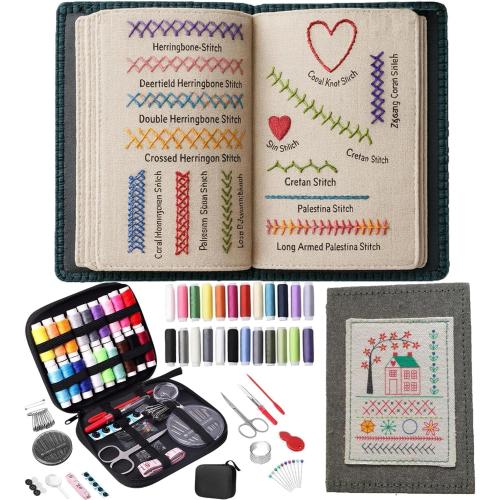 New Embroidery Stitch Book Kit for Adults & DIY Craft Lovers,Portable Embroidery Kit for Beginners Enthusiasts,Includes Guide to 106 Patterns with Tools & Tutorials and 86-Piece Sewing Tool Kit(1 Set)