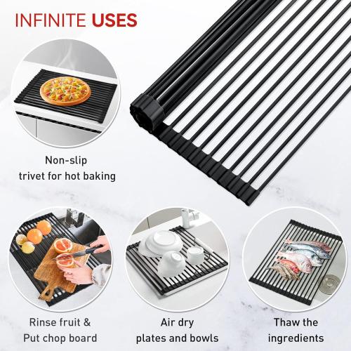 MERRYBOX 20.5 x 13 Roll Up Dish Drying Rack Silicone Wrapped Over The Sink Dish Drying Rack Multipurpose Foldable Sink Drying Mat, Heat-Resistant & Anti-Rust Dish Rack for Kitchen Sink, Large, Black