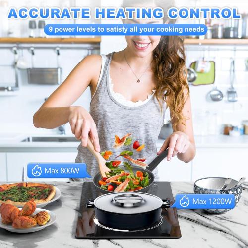 2 Burner Electric Cooktop 2000W, Portable Ceramic Glass Hot Plate 12 Inch, 110V Plug in Electric Stove Top Burner, Built-in & Countertop Burner with Touch Control, 9 Power Levels