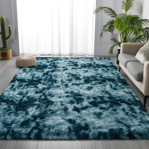 Large Shag Area Rugs Tie-Dyed Plush Fuzzy Rugs for Living Room, Ultra Soft Fluffy Furry Rug for Bedroom, Indoor Carpet Nursery Rugs for Kids Room Home Decor, Peacock Blue