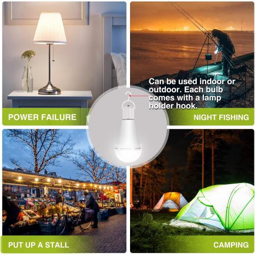 Neporal 4 Pack Emergency-Rechargeable-Light-Bulb, Stay Lights Up When Power Failure, 1200mAh 15W 80W Equivalent LED Light Bulbs for Home, Camping, Tent (E27, with Hook) (Daylight)