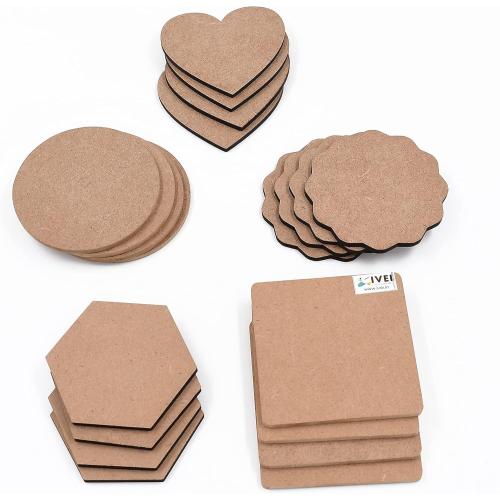 Set of 12 IVEI MDF Board DIY Coasters - MDF Plain Wooden Coasters in Mixed Shapes - Blank Cutouts for Painting, Wooden Sheet Craft Board for Resin Art & Fluid Art, Decoupage, Mandala Art, Pyrography - Set of 12