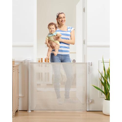 Retractable Baby Gate, Exquisite Rattan Mesh, 33 Tall, Expands to 55 Wide, Dog Gate for Stairs, Doorway, Hallway, Indoor/Outdoor Pet Fence, Walk-Through Design with No Bottom Bar, Beige