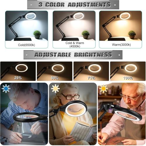 NZQXJXZ 10X 30X Large Magnifying Glass with Light and Stand, 5-inch LED Lighted Magnifier, 3 Color Modes Stepless Dimmable, Hands-Free Magnifying Glass Desk Lamp for Reading Craft Hobby Close Work