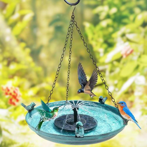 Size 14.9 Color Blue  Hanging Solar Bird Bath Fountain, 14.9inch Diameter Durable Green Metal Bird Bath Bowl with Solar Powered Pump & 4 Water Spray Nozzles for Outdoor Garden Backyard Patio Lawn