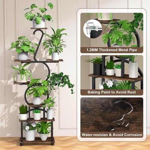 Brown and Black Plant Stand with Grow Lights, 8 Tiered 64 Corner Plant Stand, Metal Plant Shelf Indoor with Wheel, Large Plant Stands, Flower Rack Display for Living Room, Garden, Patio-Thick 1.2MM Steel Frame