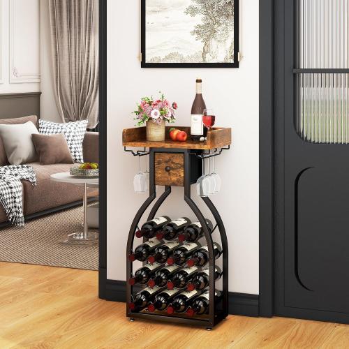 IBUYKE Wine Rack Freestanding Floor,Wine Storage 15 Bottles Bottle Rack with Glass Holders, Mini Bar Wine Cabinet with Storage Drawer for Home Bar Kitchen Dining Room,Rustic Brown,UTMJ908H