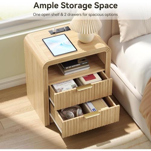 Size 19.7 Color brown Fluted Nightstand with Charging Station, 19.7'' Wide Morden End Table with USB/Type-C Ports, 2 Drawers & Open Shelf, Curved Profile Design, Wood Bedside Table for Bedroom (Natural Oak)