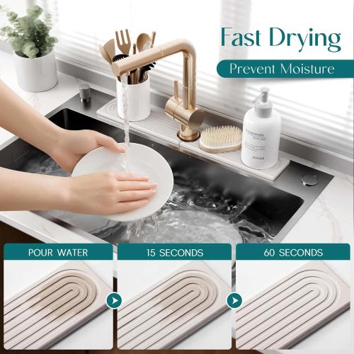 Faucet Mat for Kitchen Sink – Diatomite Stone Drying Mat & Sink Protector, Prevent Moisture – Sink Splash Guard Water-Absorbing Stone Tray for Bathroom Counter (Light Grey,23.6 x 3.9)