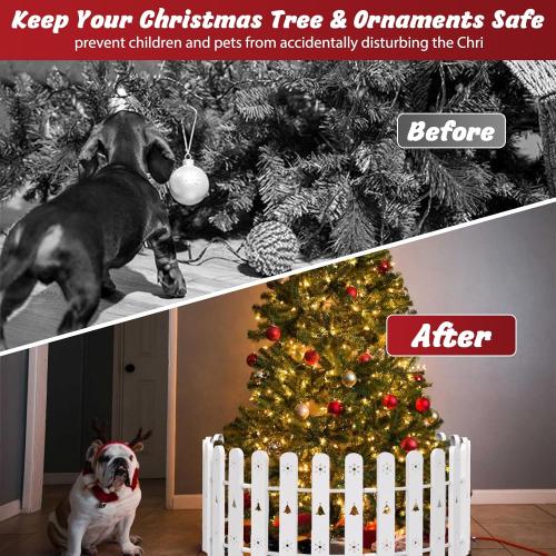 Christmas Tree Fence, Holiday Decoration White Picket Fence Plastic PVC Heavy Duty, Small Fence Panel Around Artificial Real Xmas Trees, Fence Gate to Go, Freestanding Circle Barrier for Toddler Cats