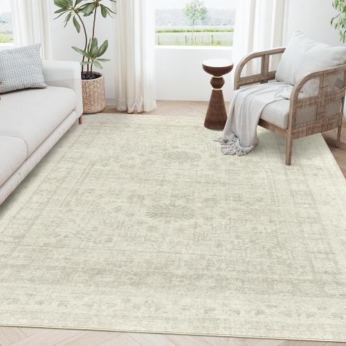 zesthome 5x7 Area Rugs - Ultra-Thin Washble Rug, Stain Resistant Anti Slip Backing Rugs for Living Room,Bedroom, Vintage Home Decor Area Rug (Beige/Grey,5'x7')