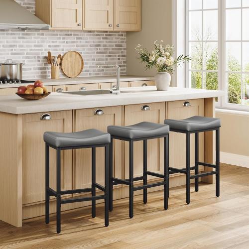 24 Inch Counter Height Bar Stools Set of 2, Compact Counter Stools for Small Spaces, Premium Faux Leather Barstools with Right-Sized Saddle Seat & Metal Legs, 15-Minute Easy Assembly, Brown