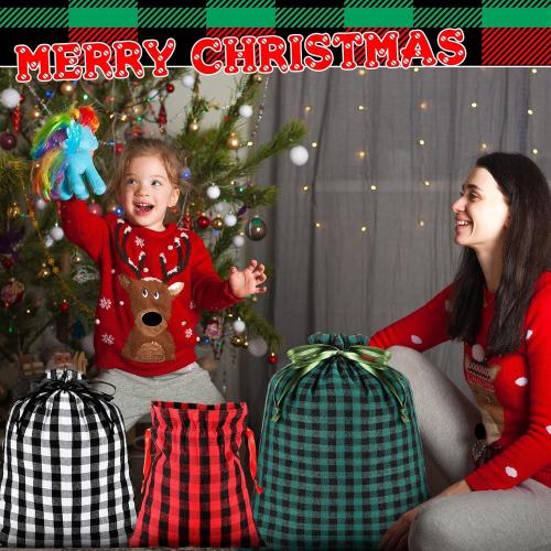 Zhengmy 30 Pcs Christmas Cotton Plaid Large Size Drawstring Bags Storage Sack Present Stocking Storage Cotton Buffalo Plaid Christmas Drawstring Bag for Xmas Gift Party Favors(Normal)