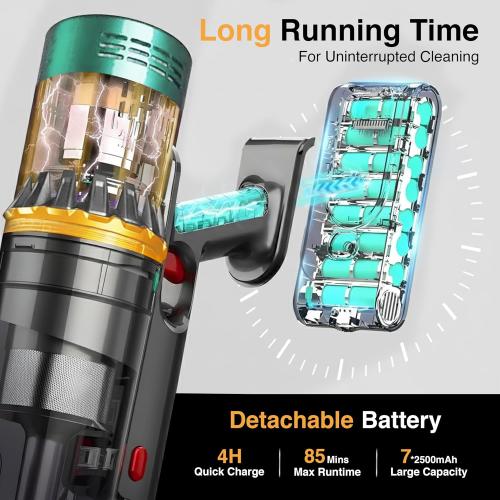 Cordless Vacuum Cleaners-48 KPa/580W with Upto 90Mins Runtime | Stick Vacuum Cleaner with 2 Hepa Filters-Wall Mounted-Touchscreen-Anti-Tangle Brush (UK Plug)