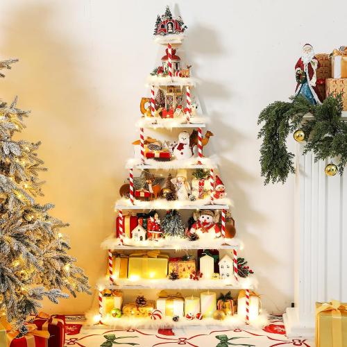 8 Tier Christmas Village Display Shelves 5.2ft Large Christmas Tree Corner Shelf a Shaped Bookcase with 8 Pcs Artificial Snow Blanket LED String Light Xmas Display Stand for Holiday