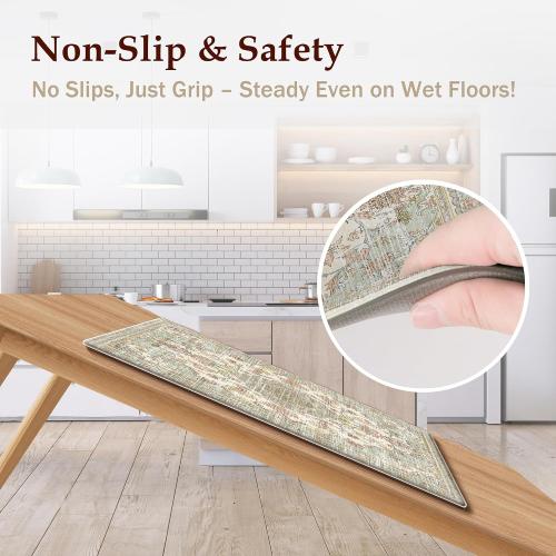 Boho Kitchen Mats for Floor 2 Piece Set Anti Fatigue Cushioned PVC Kitchen Rugs Non Slip Waterproof Farmhouse Mats  Comfort Standing Mat for Laundry, Green Orange Beige