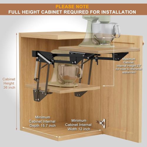 Black 23x12 Mixer Lift for Cabinet, Appliance Lift for Cabinet with Soft-Close Spring-Loaded Locking Mechanism and Mounting Base, Shelf Not Included, Lift Assist for Mixers, Blenders, and More