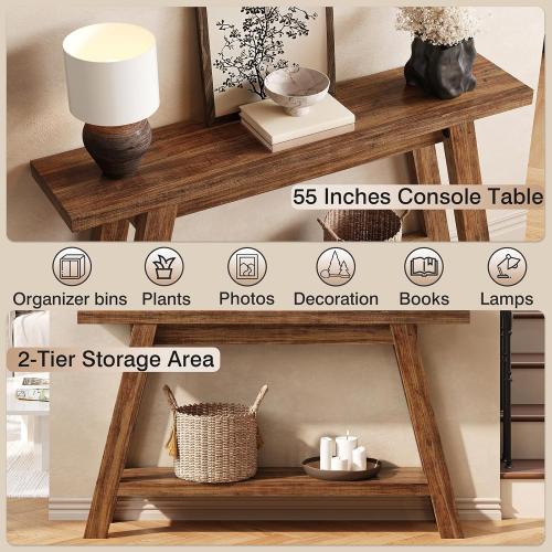 Console Table, 55-Inch Entryway Table with Storage 2-Tier Narrow Wood Console Table Behind Couch Sofa Tables for Living Room, Entryway, Hallway (Light Brown)
